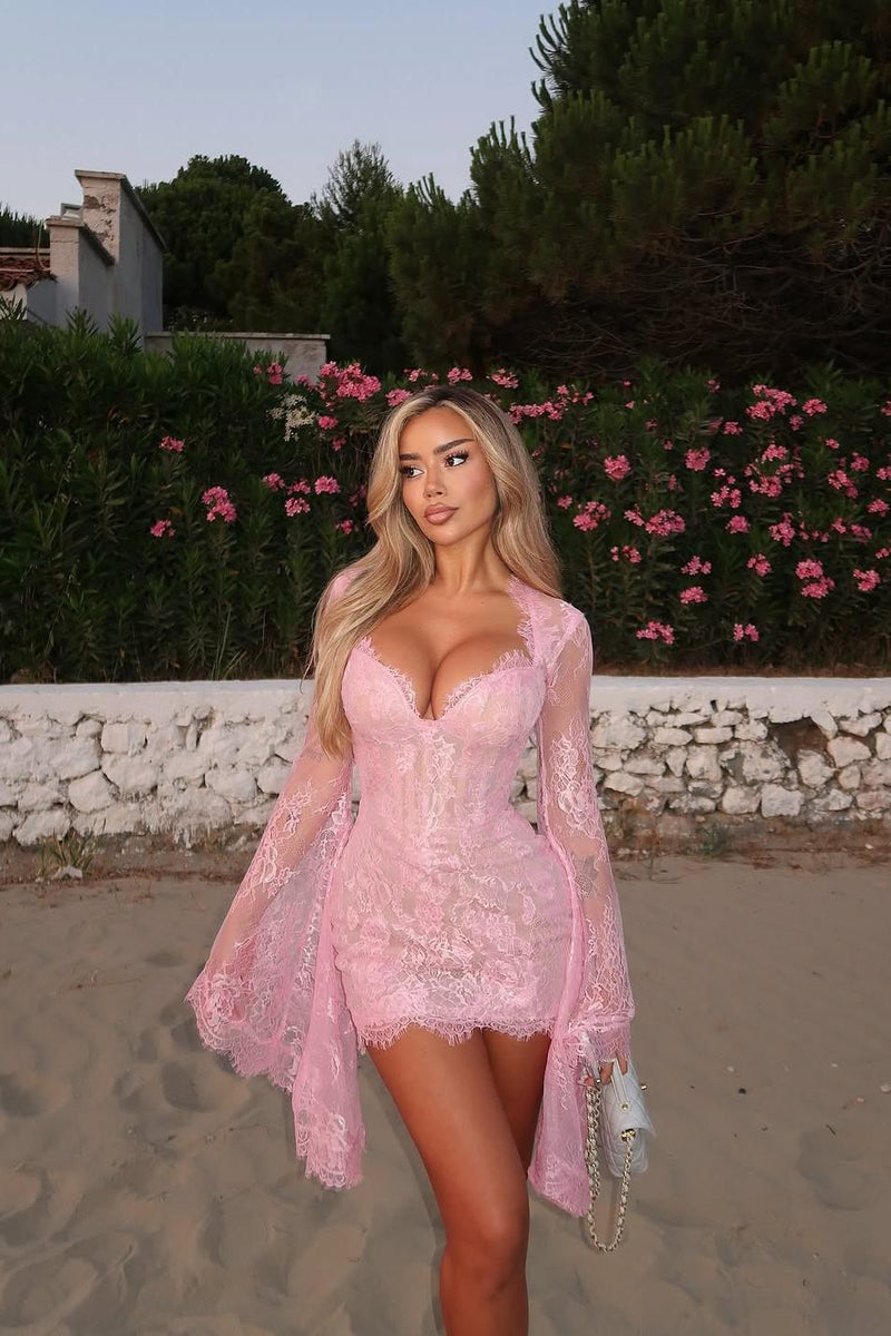 Whispers of Blush Lace Bell-sleeve Mini Dress