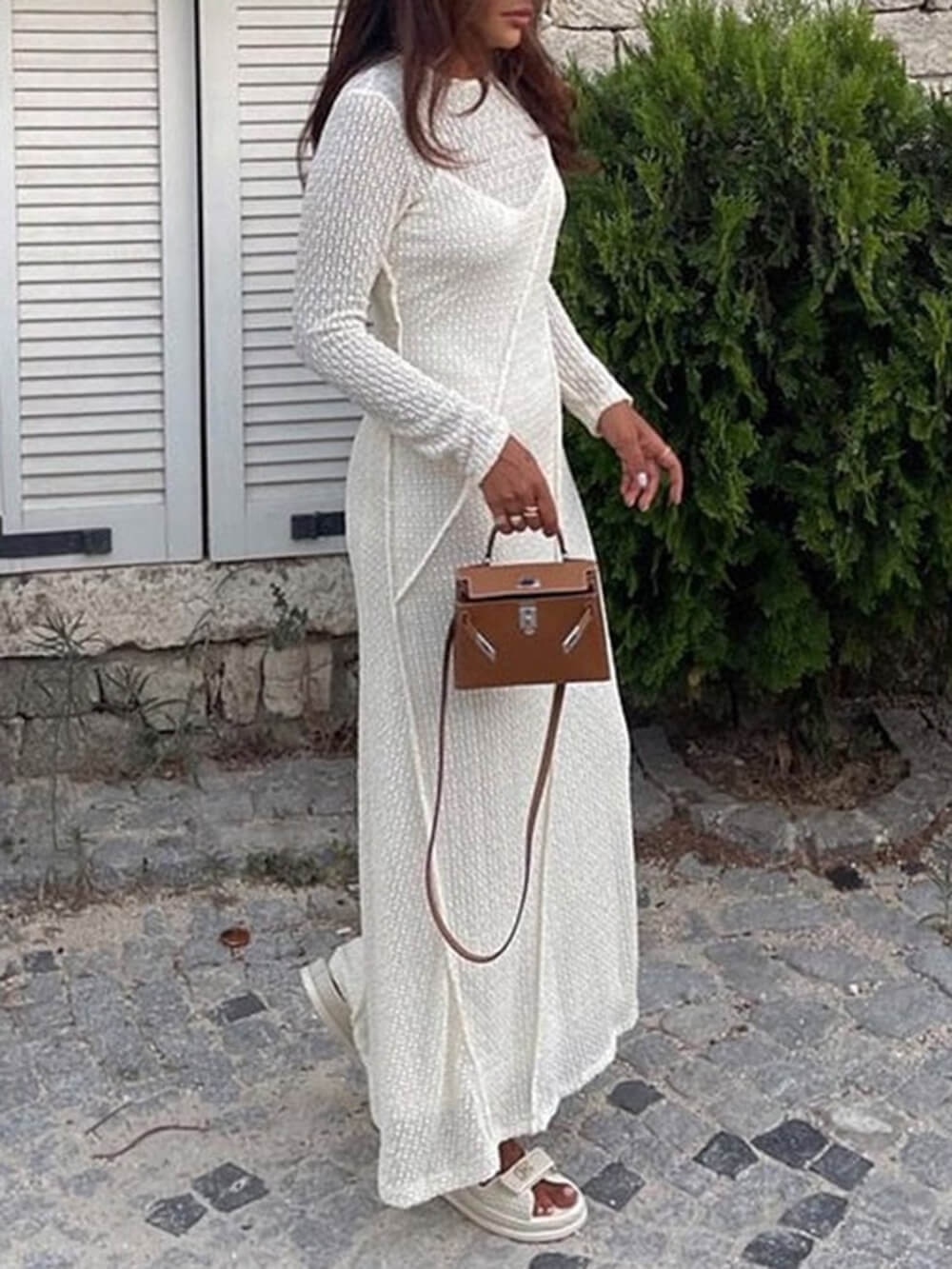 Jacquard Backless Paneled Long-sleeved Maxi Dress