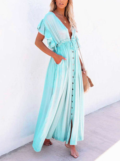 Button Cotton Linen Perfect Beach Maxi Dress
