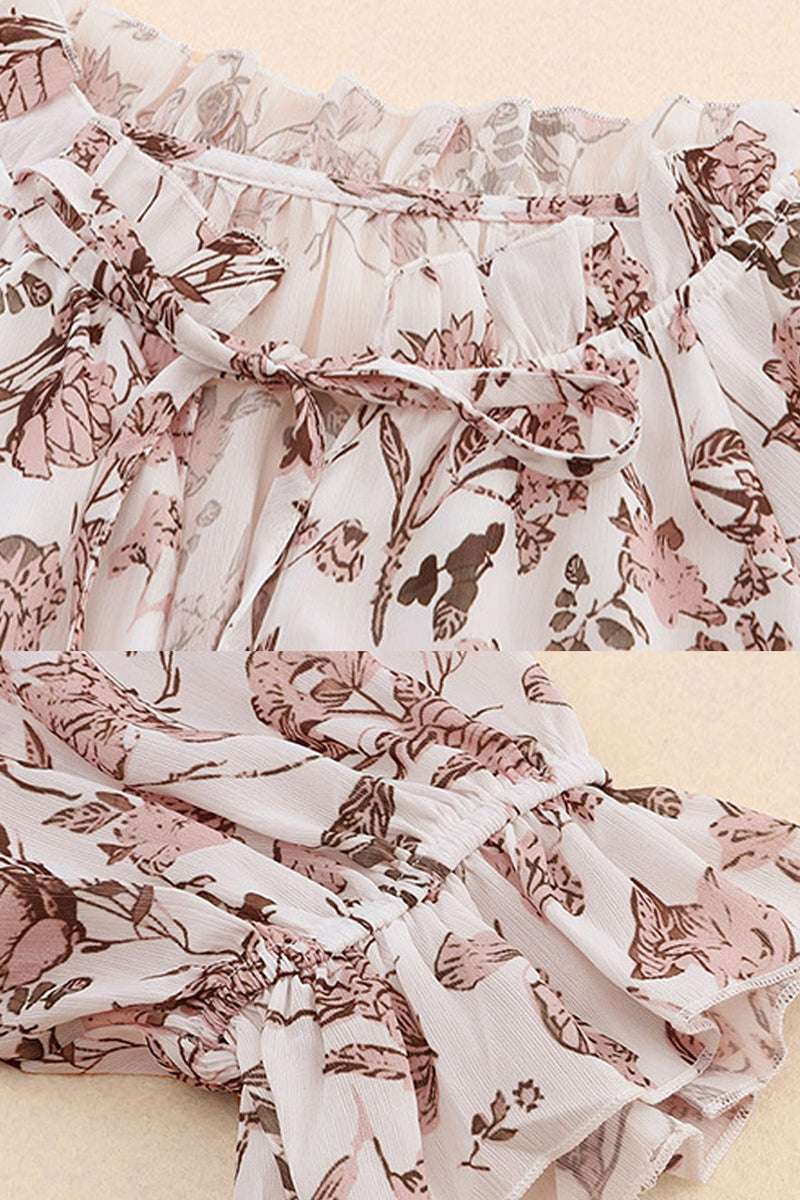 Print V-neck Strap Long Sleeve Blouse