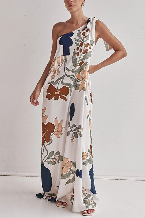 Tie Knot One Shoulder Print Maxi Dress