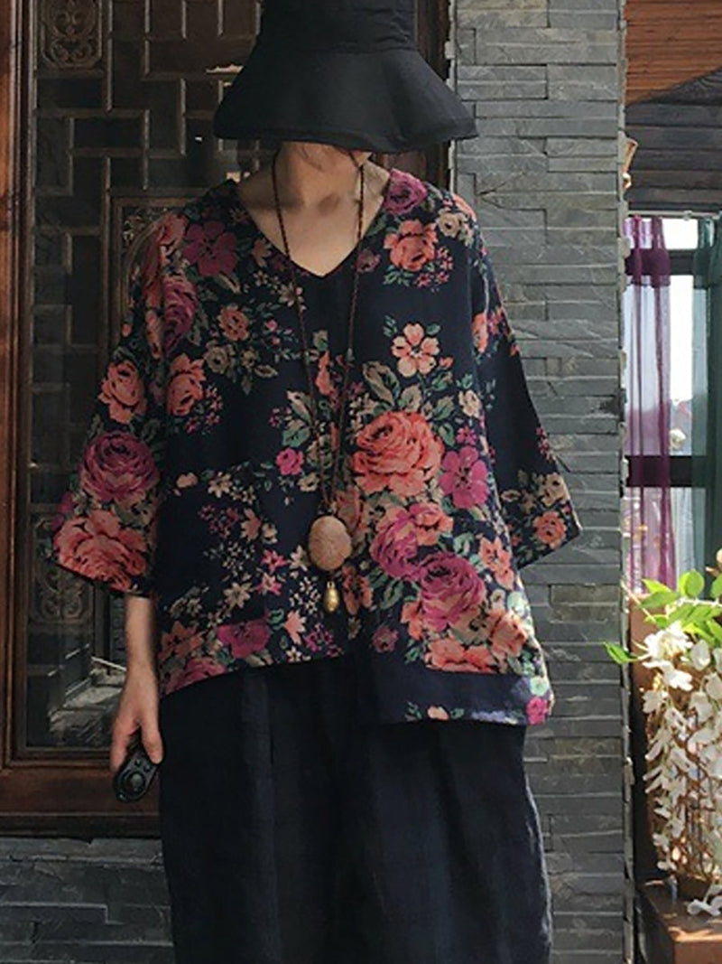 V-neck Long Sleeve Cotton Blouse Shirt Oo1030