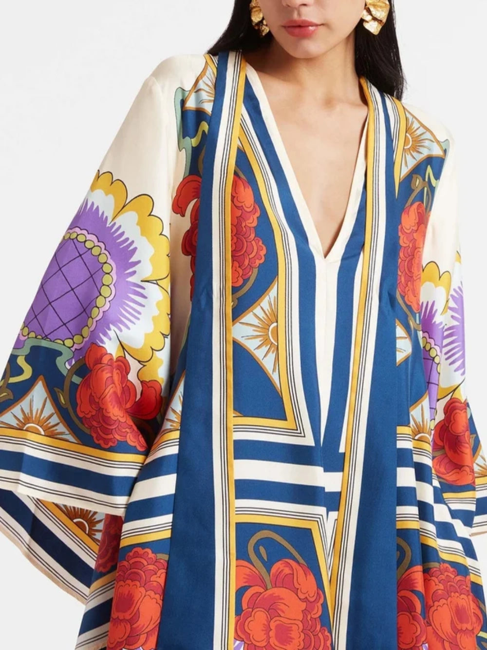 Exquisite Print Draped Waterfall Sleeves Maxi Dress