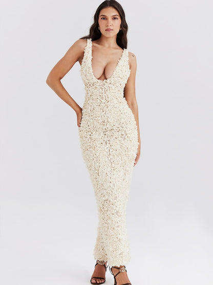 Creme Plunge Appliqué Maxi Dress-carena