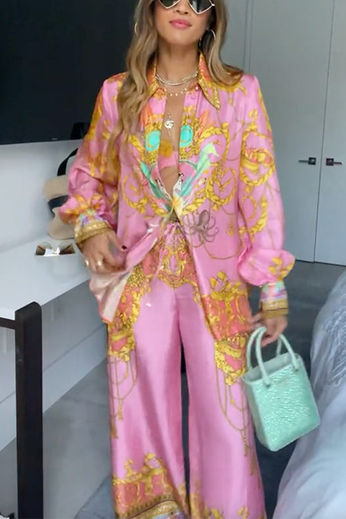 Unique Print Lantern Long Sleeves Blouse Shirt and Wide Leg Pants Holiday Outfit Set