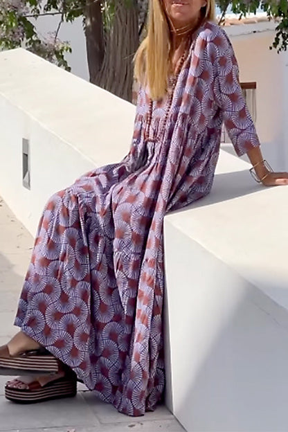Ibiza Print Loose V Neck Long Sleeve Long Dress