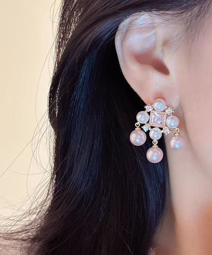 Light Pink Alloy Zircon Pearl Hollow Out Stud Earrings