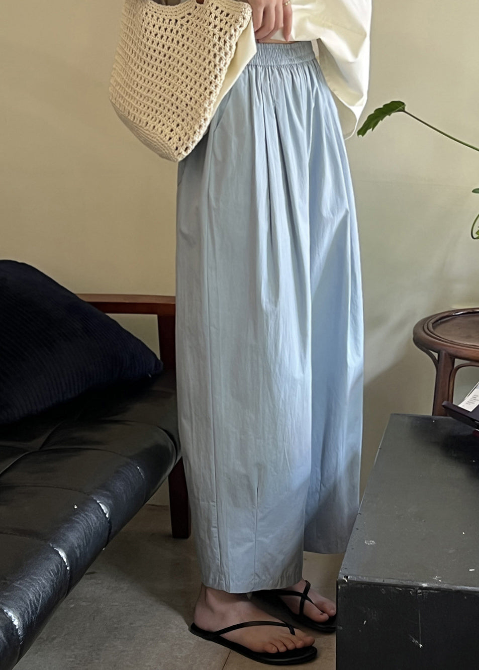 Blue Summer Pants Loose Cotton Elastic Crop Waist