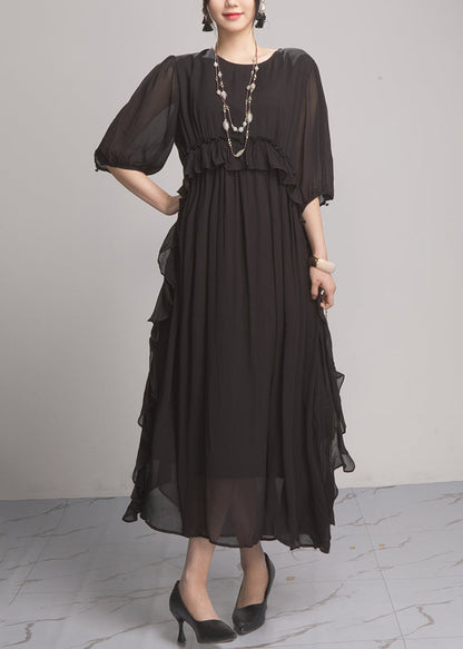 Handmade Green O-neck Ruffled Wrinkled Vacation Chiffon Maxi Dresses Lantern Sleeve Ao1027