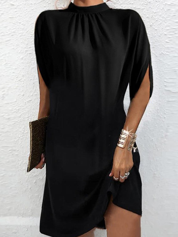 Loose Raglan Sleeve Color Mock Neck Mini Dresses
