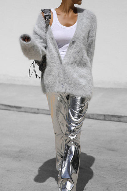 Color Loose V-neck Long-sleeved Lazy Knitted Cardigan