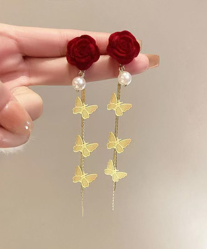 Stylish Mulberry Sterling Silver Alloy Flocking Pearl Butterfly Drop Earrings