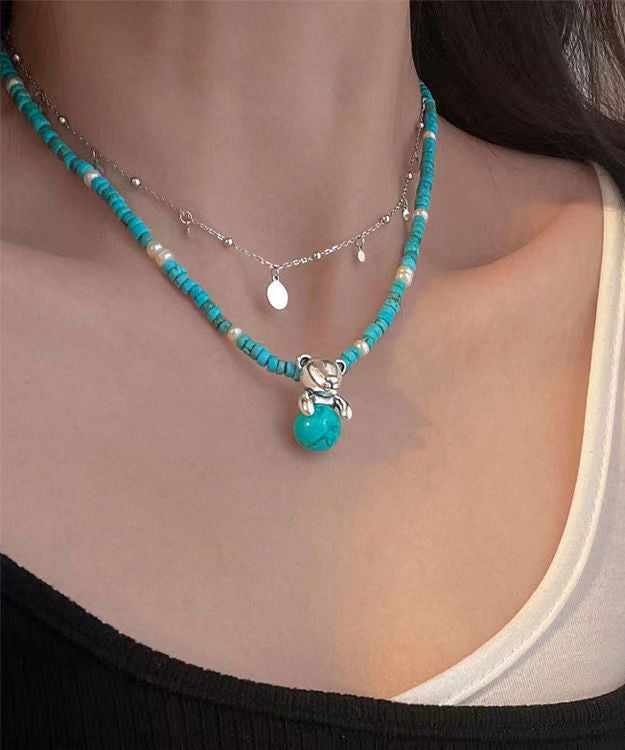 Light Green Sterling Silver Pearl Beading Gratuated Bead Necklace