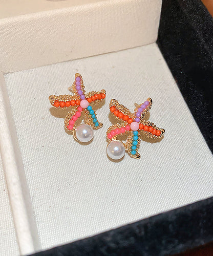 Rainbow Alloy Zircon Pearl Starfish Stud Earrings
