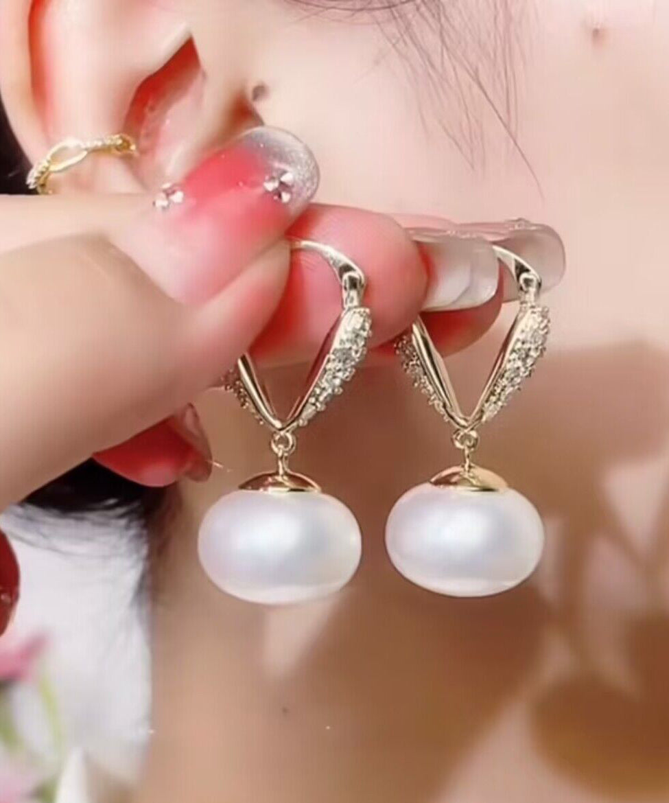 White Copper Overgild Pearl Love Zircon Drop Earrings