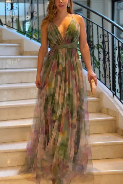 Kerrie Tulle Render Print Cross Back Straps Maxi Dress