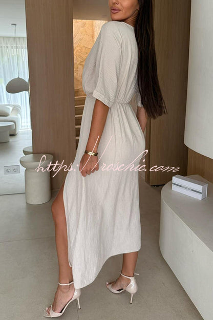 Linen Blend Color V-neck Short Sleeve Waist Loose Slit Midi Dress