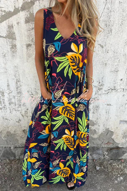 Botanical Print V-neck Pocket Loose Maxi Dress