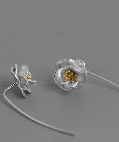 Brief Silk Sterling Silver Camellia Flower Tassel Drop Earrings