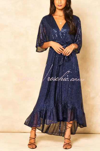 Color Sequined V-neck Waist Tie Loose Maxi Dress