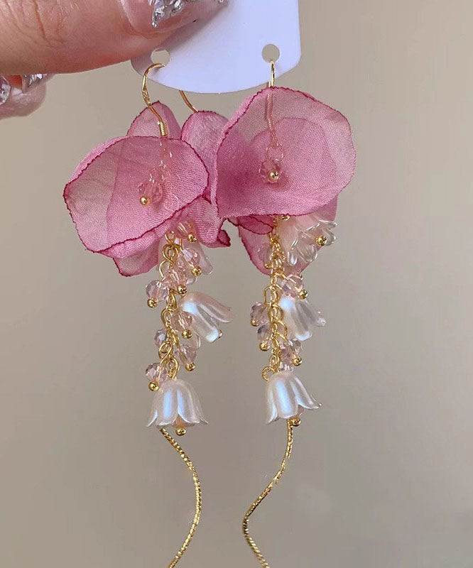 Gold Copper Zircon Pearl Bellflower Tassel Drop Earrings