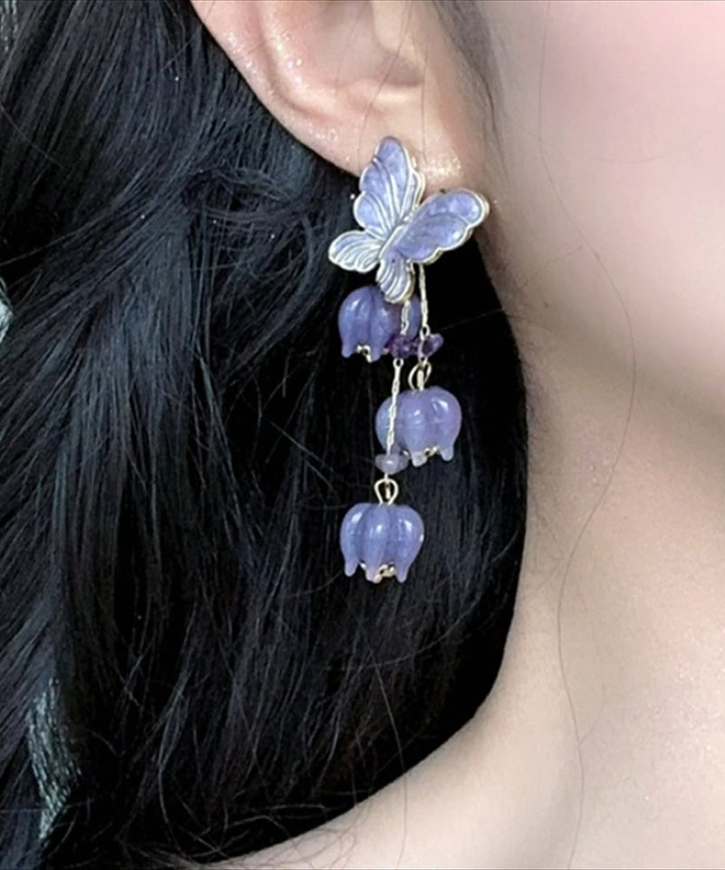 Purple Alloy Ringflower Butterfly Tassel Drop Earrings