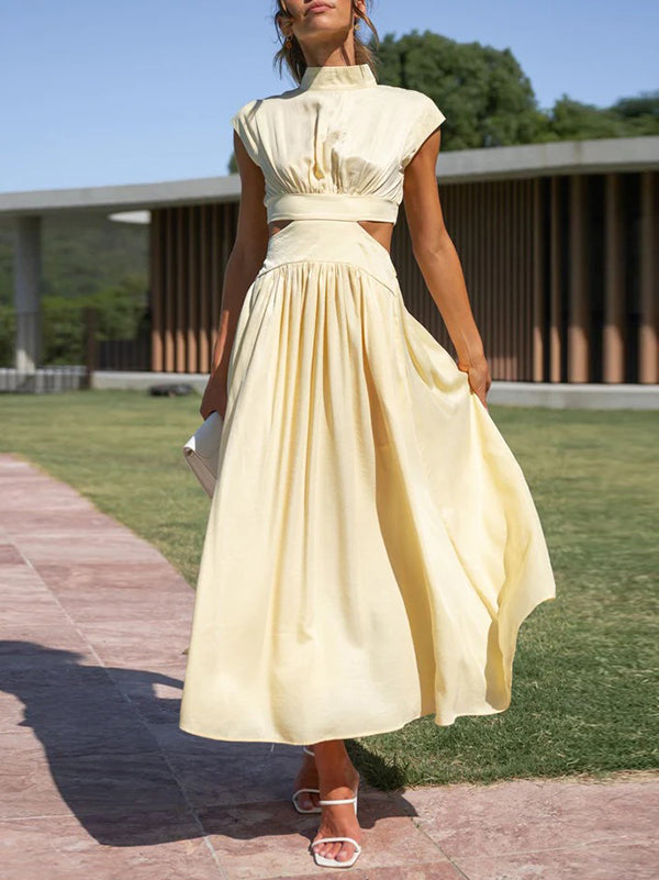 Cap Sleeve Belly-hollow Pleated Color Stand Collar Maxi Dresses