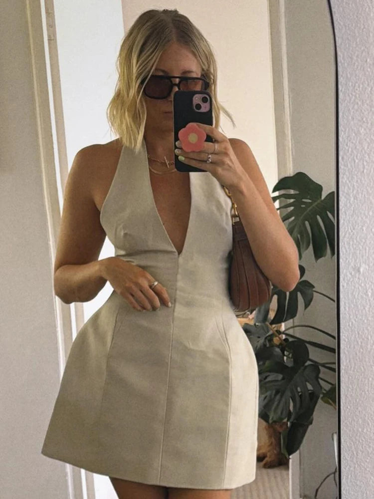 V-neck Slim Mini Dress Female Patchwork Strapless Backless Summer Halter High Waist Bodycon Dress