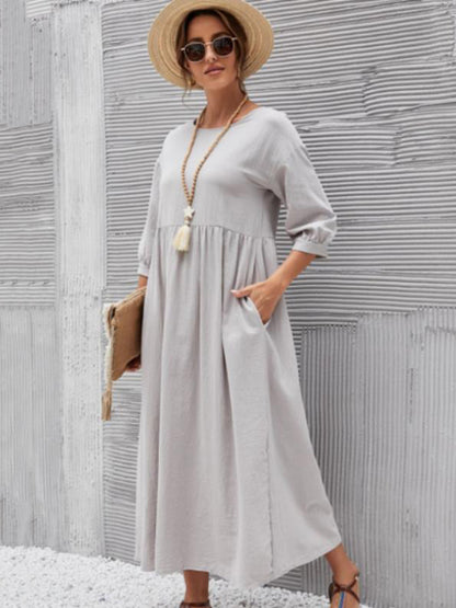 11 Colors Simple Round-neck Color Midi Dress