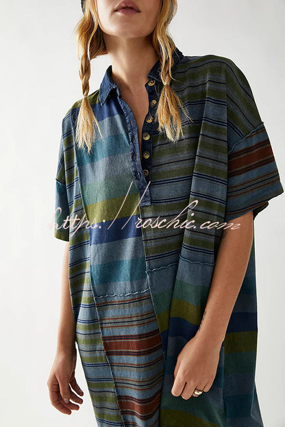 Contrast Striped Patchwork Denim Lapel Loose Mini Dress