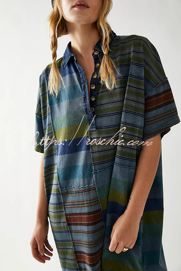Contrast Striped Patchwork Denim Lapel Loose Mini Dress