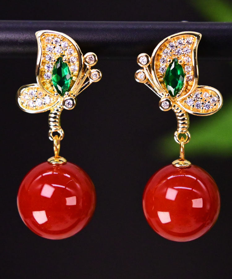 Diy Red Sterling Silver Overgild Agate Butterfly Drop Earrings