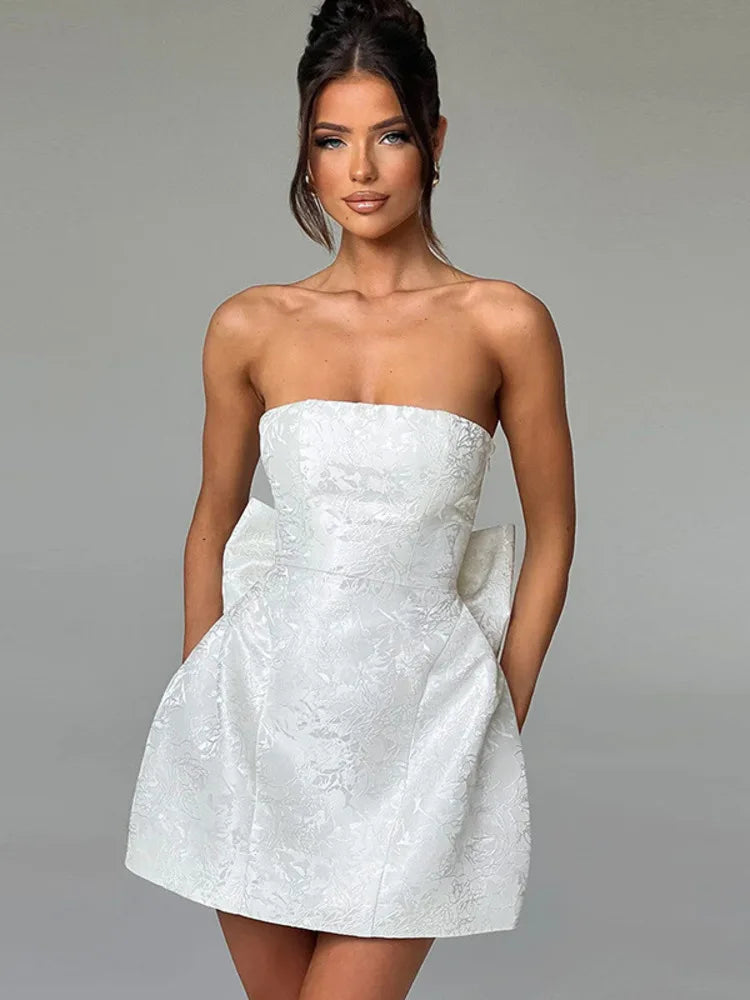 Backless Bow Mini Dress for Off-shoulder Strapless Sleeveless Bodycon Club Party Dress