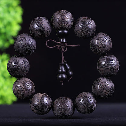 Buddha Stones Chinese Zodiac Rosewood Ebony Copper Coin Pixiu Carved Warmth Bracelet