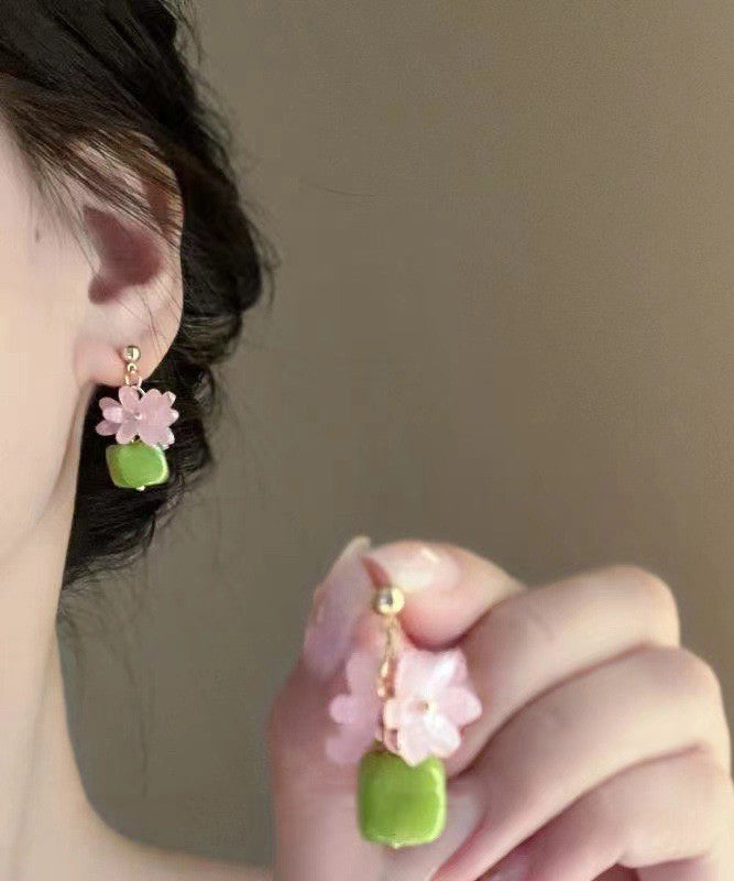 Stylish Green Alloy Resin Block Drop Earrings