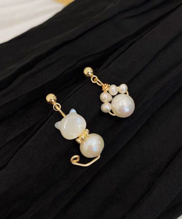 White Gold Copper Overgild Pearl Little Cats Asymmetric Drop Earrings