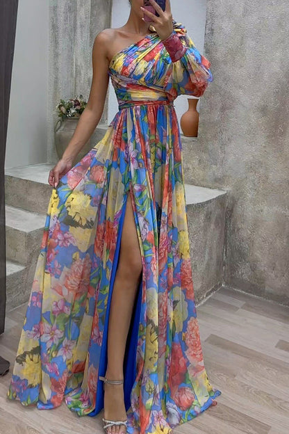 Let's Elope Print Pleated One Shoulder Sleeve Slit Maxi Dress