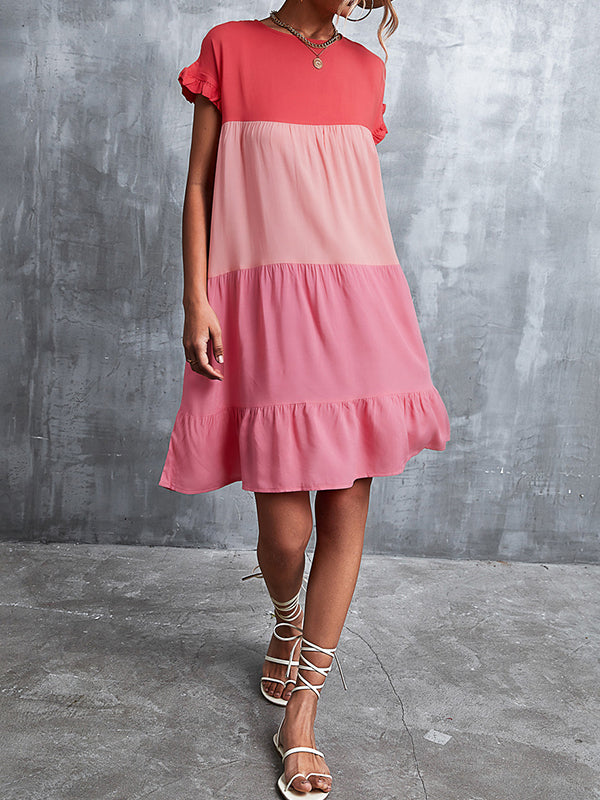 Loose Ruffle Sleeves Contrast Color Falbala Pleated Split-joint Round-neck Mini Dresses