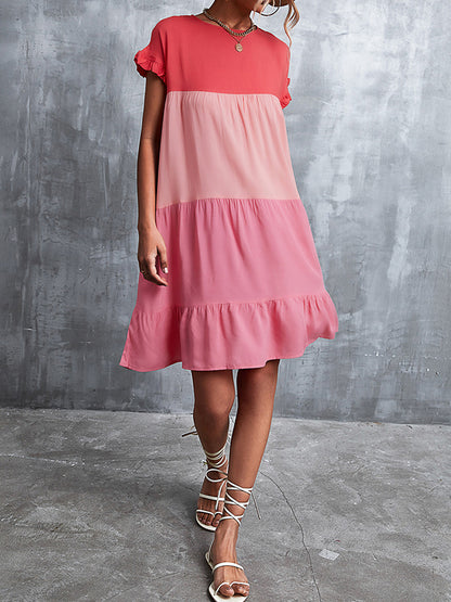 Loose Ruffle Sleeves Contrast Color Falbala Pleated Split-joint Round-neck Mini Dresses