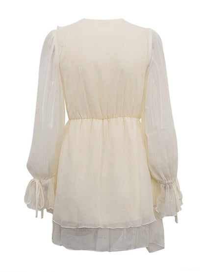 A-line High Waisted Ruffle Trim Color Tied V-neck Mini Dresses