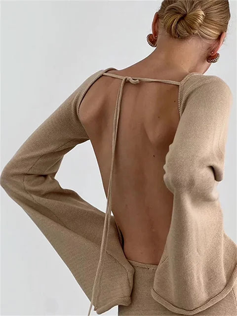 Backless Knitwear Lace-up Mini Dress Female Long Sleeve Loose Holiday Beach High Waist Dress Knit Dress