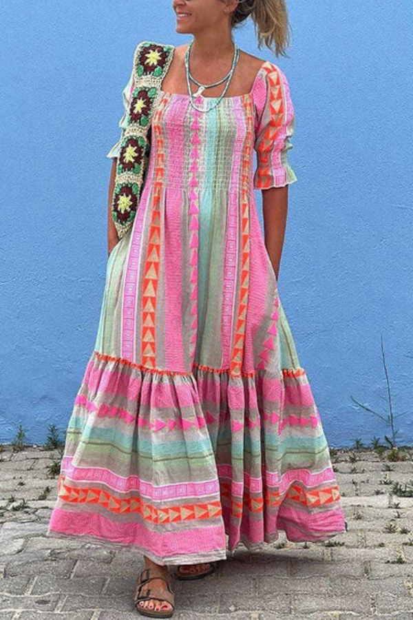 Music Festival Geometric Color Block Pocketed Smocked Maxi Dress