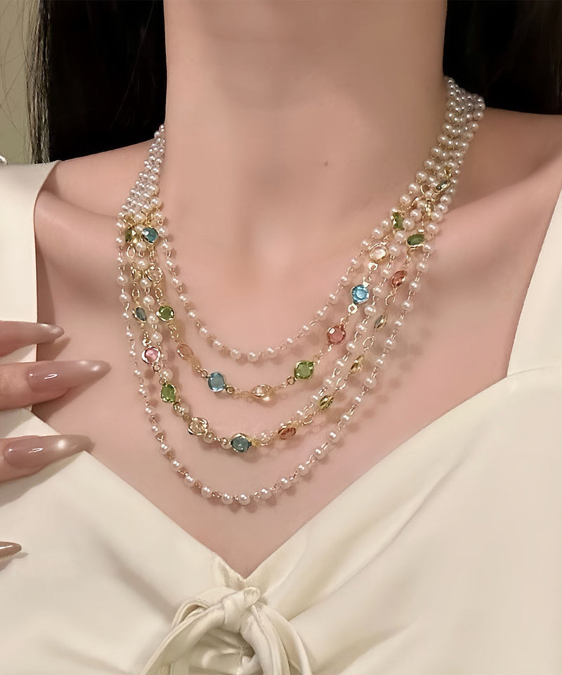Original Rainbow Copper Overgild Crystal Pearl Multi-layer Gratuated Bead Necklace