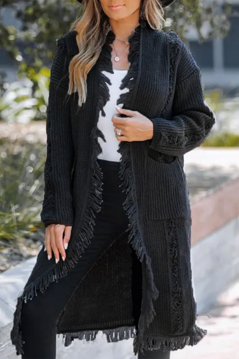 Fringed Trim Weave Cardigan Collar Outerwear