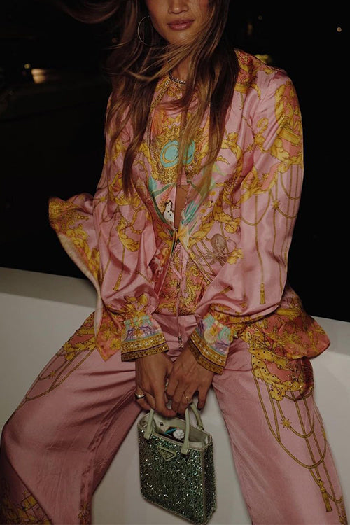Unique Print Lantern Long Sleeves Blouse Shirt and Wide Leg Pants Holiday Outfit Set