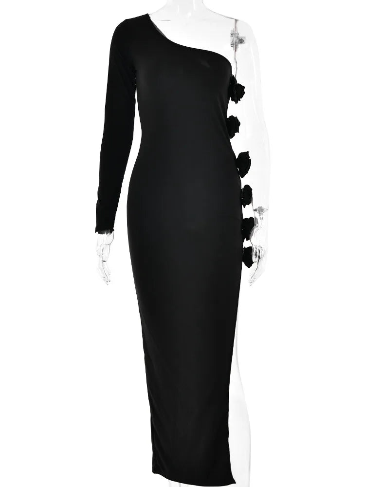 One Shoulder Long Sleeve 3d Flower Dress ’s High Split Bodycon Backless Midi Dress Female Party Club Evening Dress