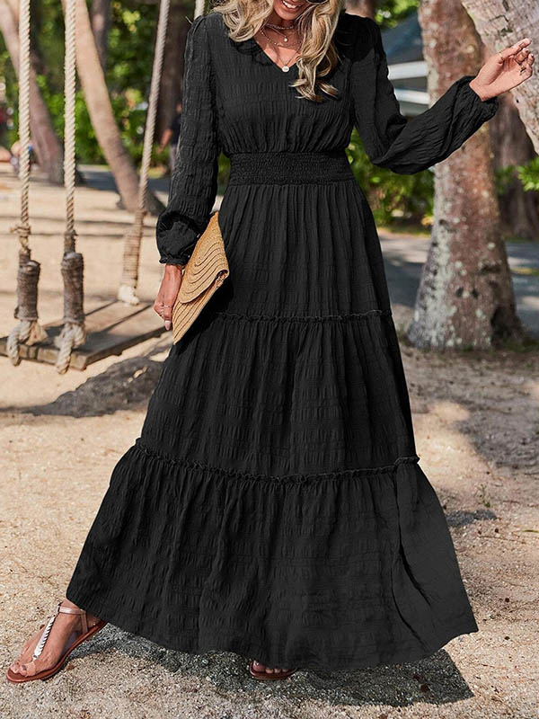 A-line Long Sleeves Elasticity Color Split-joint V-neck Maxi Dresses