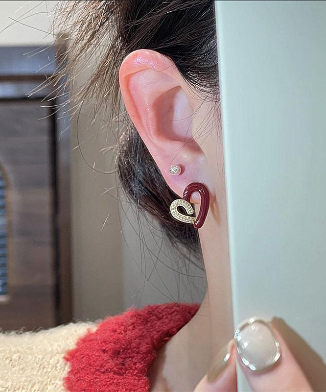 Diy Colorblock Asymmetric Copper Overgild Zircon Love Stud Earrings