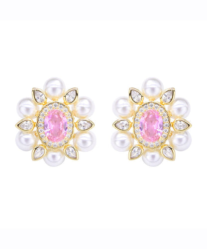 Pink Sterling Silver Crystal Pearl Zircon Stud Earrings