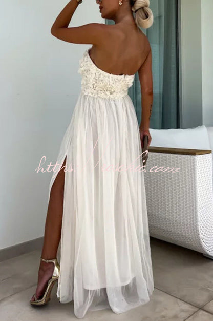 Romance and Lightness Tulle Texture Pleated Patchwork Strapless Slit Maxi Dress